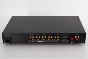 Rear view of a used Audiolab 8000C Pre Amplifier in a Black finish showing Phono Inputs, Phono Outputs and Mains Input