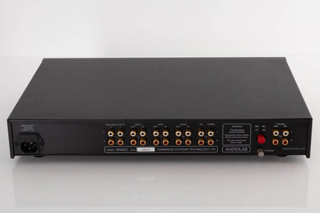 Rear view of a used Audiolab 8000C Pre Amplifier in a Black finish showing Phono Inputs, Phono Outputs and Mains Input