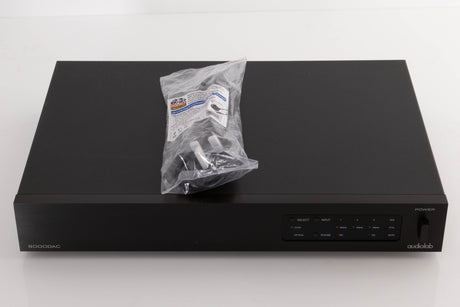 Top of a used Audiolab 8000DAC Digital Analogue Converter in a Black finish showing Mains Cable