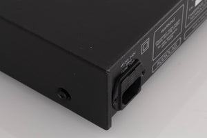 Rear right corner of a used Audiolab 8000DAC Digital Analogue Converter in a Black finish
