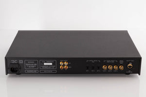 Rear view of a used Audiolab 8000DAC Digital Analogue Converter in a Black finish showing Audio Output, Mains Input, Optical Inputs, Coaxial Inputs and Digital Input
