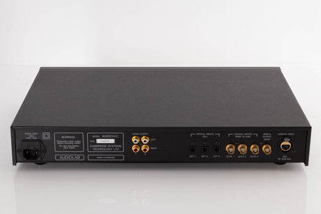 Rear view of a used Audiolab 8000DAC Digital Analogue Converter in a Black finish showing Audio Output, Mains Input, Optical Inputs, Coaxial Inputs and Digital Input