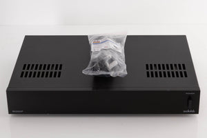 Top of a used Audiolab 8000P Power Amplifier in a Black finish showing Mains Cable