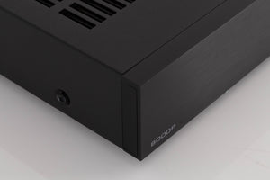 Front left corner of a used Audiolab 8000P Power Amplifier in a Black finish