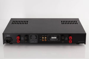 Rear view of a used Audiolab 8000P Power Amplifier in a Black finish showing Mains Input, Phono Inputs and Speaker Outputs