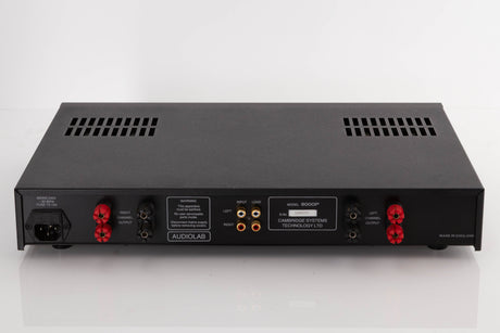 Rear view of a used Audiolab 8000P Power Amplifier in a Black finish showing Mains Input, Phono Inputs and Speaker Outputs
