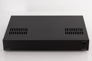 Top of a used Audiolab 8000P Power Amplifier in a Black finish