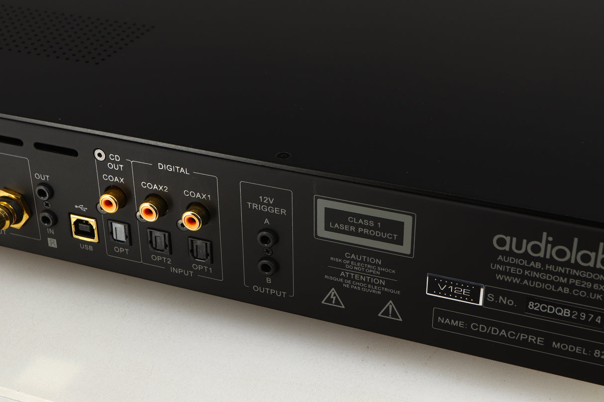 Close up of a used Audiolab 8200CDQ CD Player in a black finish showing very minor scratching on rear
