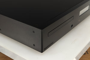 Front left corner of a used Audiolab 8200CDQ CD Player in a black finish