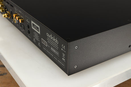 Rear left corner of a used Audiolab 8200CDQ CD Player in a black finish