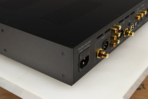 Rear right corner of a used Audiolab 8200CDQ CD Player in a black finish