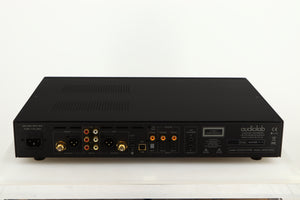 Rear view of a used Audiolab 8200CDQ CD Player in a black finish showing Mains Input, Optical Inputs, Phono Outputs, Phono Inputs and USB Input