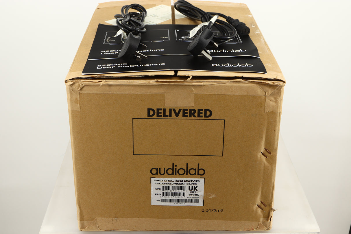 Box of a used Audiolab 8200MB Monoblock Power Amplifiers in Silver finish 