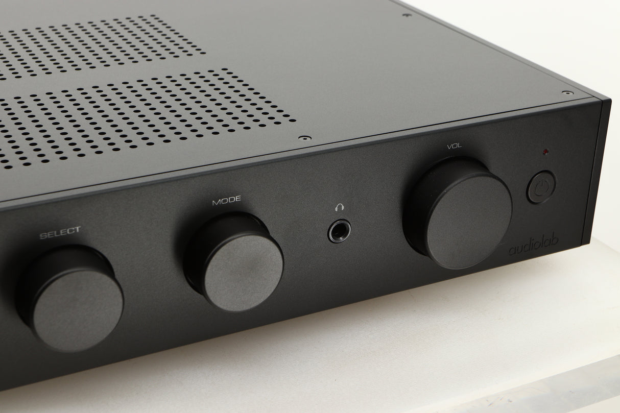 Close up view of a used Audiolab 9000A Integrated Amplifier in Black