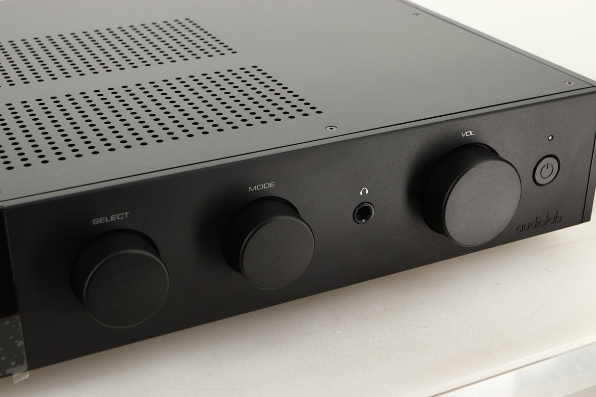 Close up view of a used Audiolab 9000A Integrated Amplifier in Black finish