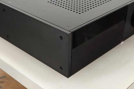 Front left corner view of a used Audiolab 9000A Integrated Amplifier in Black finish