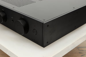 Front right corner view of a used Audiolab 9000A Integrated Amplifier in Black