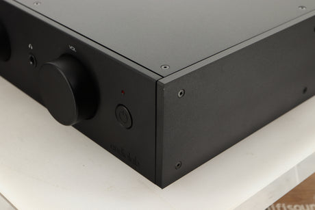 Front right corner view of a used Audiolab 9000A Integrated Amplifier in Black finish