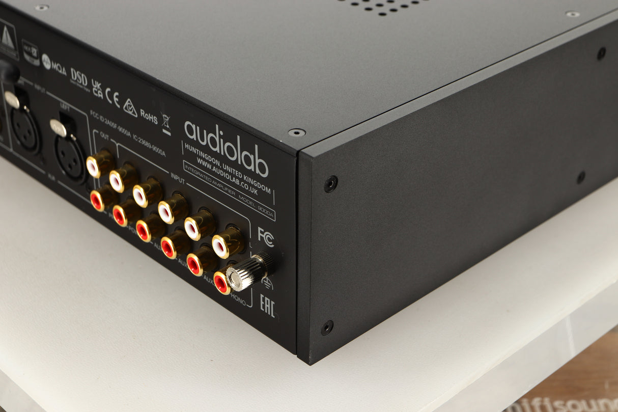 Rear right corner view of a used Audiolab 9000A Integrated Amplifier in Black finish