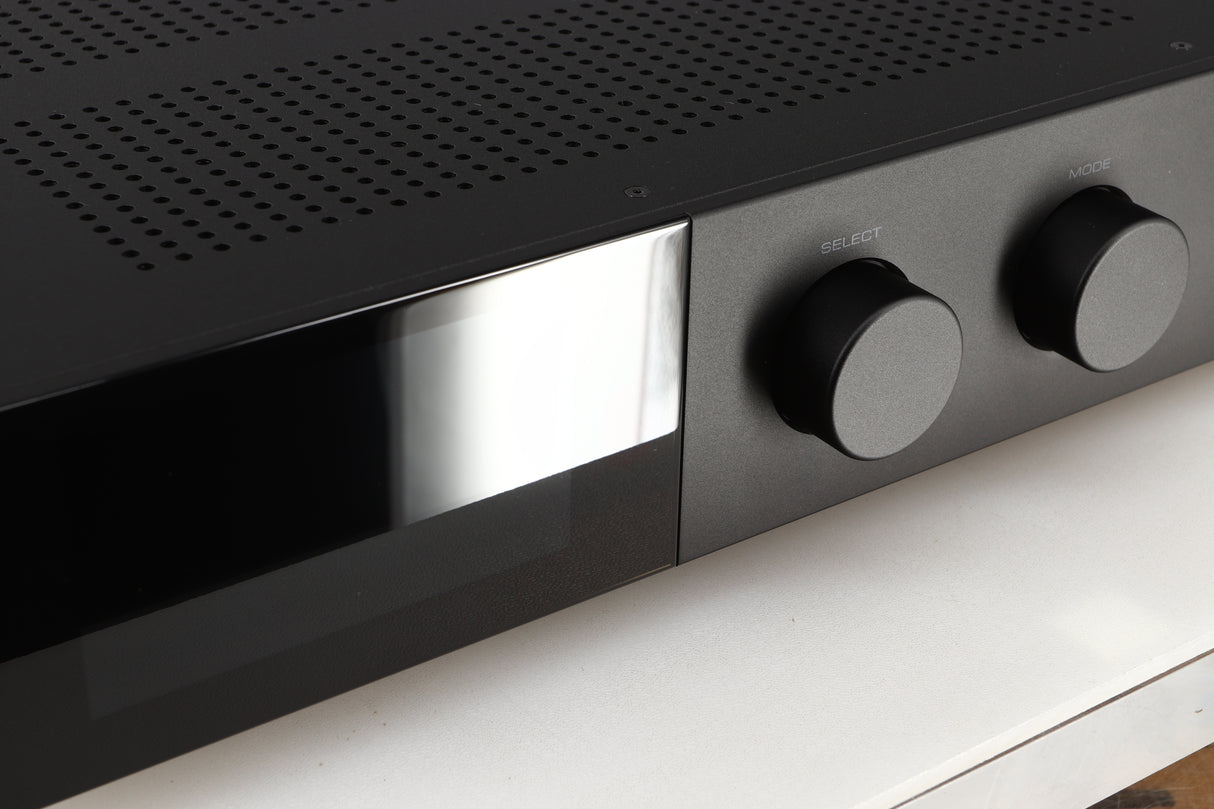 Close up of a used Audiolab 9000A Integrated Amplifier in a black finish showing the screen