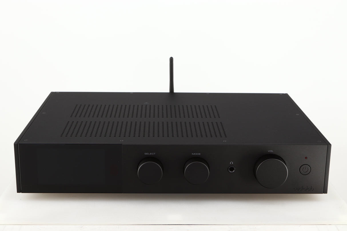 Front view of a used Audiolab 9000A Integrated Amplifier in a black finish