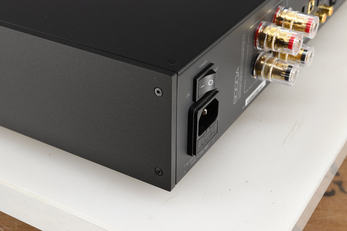 Rear right corner of a used Audiolab 9000A Integrated Amplifier in a black finish