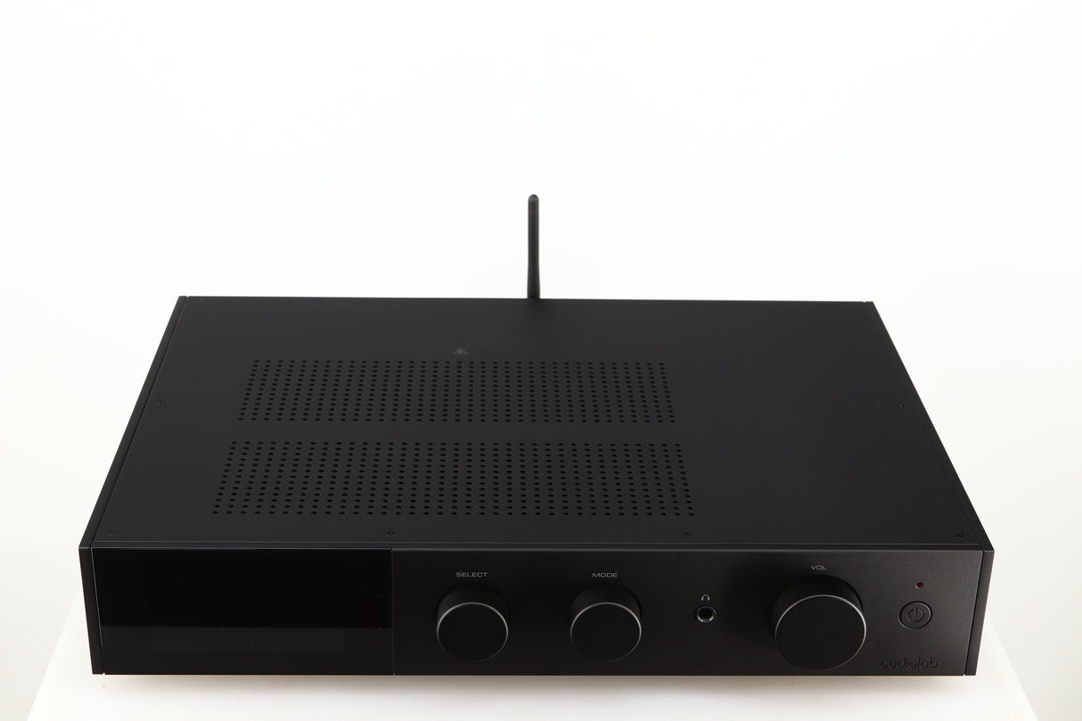 Top of a used Audiolab 9000A Integrated Amplifier in a black finish