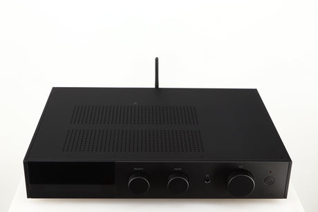 Top of a used Audiolab 9000A Integrated Amplifier in a black finish