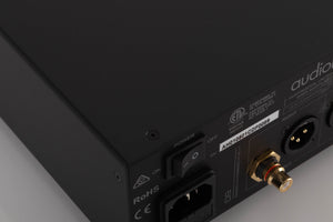 Close up of a used Audiolab D9 Digital Analogue Converter in a Black finish showing serial number