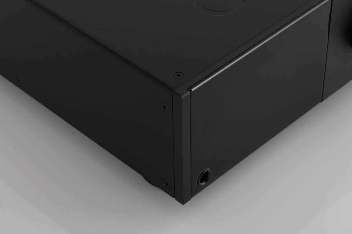 Front left corner of a used Audiolab D9 Digital Analogue Converter in a Black finish