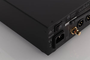 Rear right corner of a used Audiolab D9 Digital Analogue Converter in a Black finish