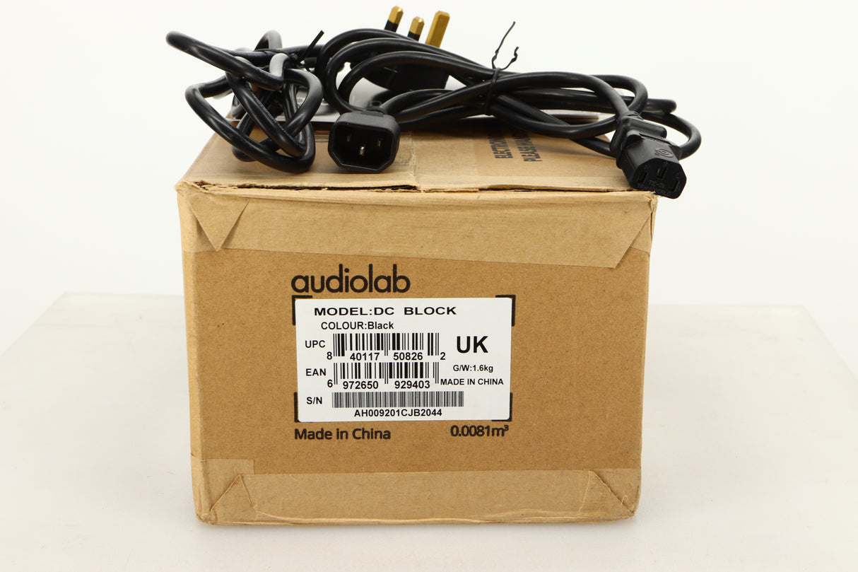 Box of a used Audiolab DC Block Mains Filter in Black finish