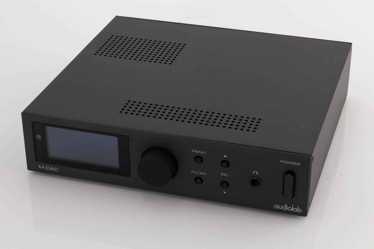 Close up of a used Audiolab M-DAC Digital Analogue Converter in a Black finish showing fascia