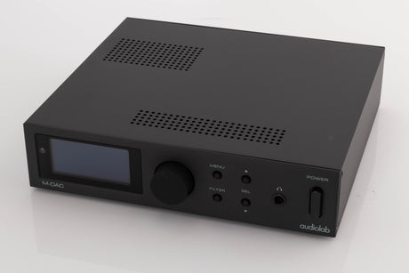 Close up of a used Audiolab M-DAC Digital Analogue Converter in a Black finish showing fascia