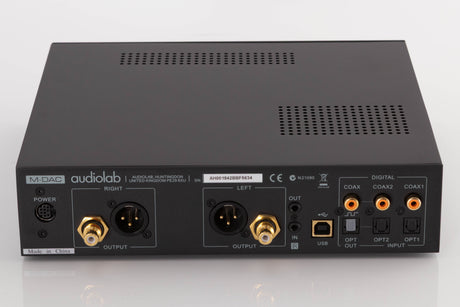 Rear view of a used Audiolab M-DAC Digital Analogue Converter in a Black finish showing Power Input, Optical Inputs, Optical Output, Coaxial Inputs, USB Input and XLR Outputs