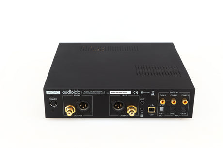 Rear view of a used Audiolab M-DAC Digital Analogue Converter in a black finish showing Phono Inputs, Power Input, Optical Inputs and USB Input