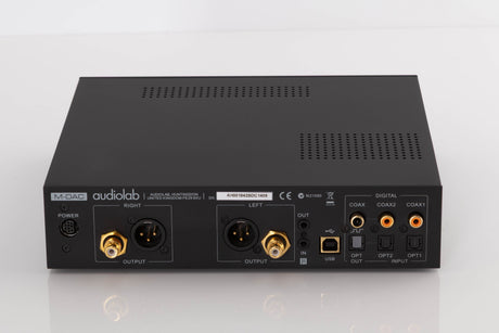 Rear view of a used Audiolab M-DAC Digital Analogue Converter in a Black finish showing Power Input, Phono Inputs, XLR Outputs, Optical Inputs, Optical Output and COAX Input