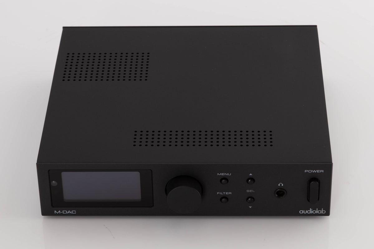 Top of a used Audiolab M-DAC Digital Analogue Converter in a Black finish