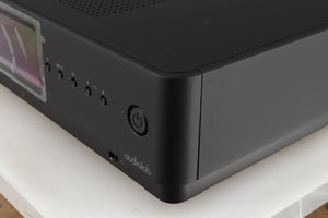 Front right corner of a used Audiolab Omnia Digital Integrated System in a black finish