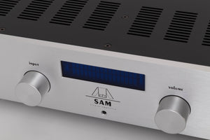 Close up of a used Audionet SAM Integrated Amplifier in a Silver finish showing fascia