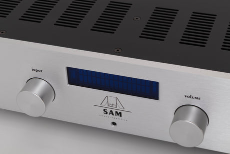 Close up of a used Audionet SAM Integrated Amplifier in a Silver finish showing fascia