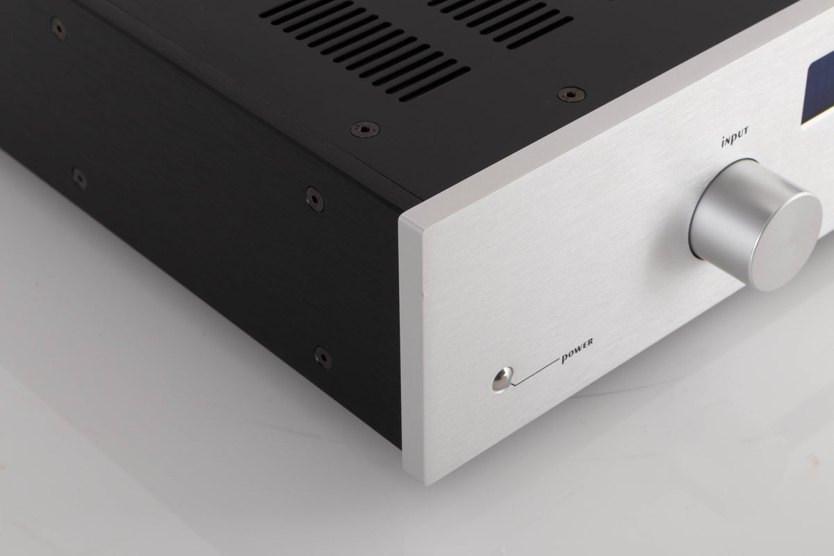 Front left corner of a used Audionet SAM Integrated Amplifier in a Silver finish