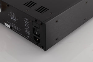 Rear left corner of a used Audionet SAM Integrated Amplifier in a Silver finish