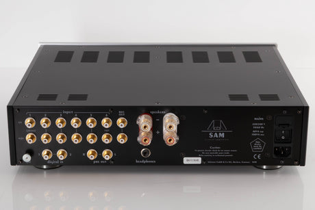 Rear view of a used Audionet SAM Integrated Amplifier in a Silver finish showing Digital Inputs, Phono Inputs, Phono Outputs and Mains Input