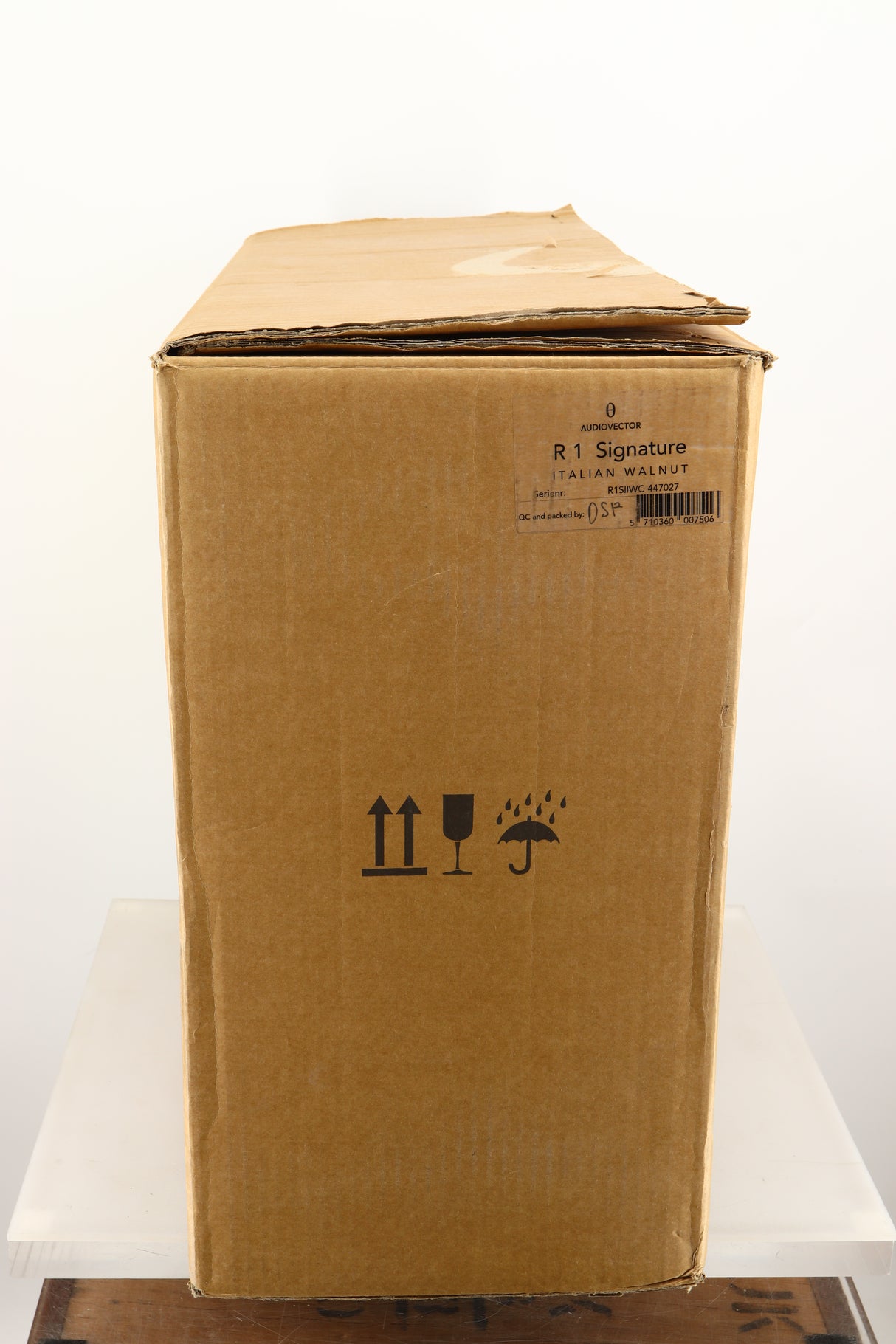 Box of a used Audiovector R1 Signature Standmount Speaker in Walnut finish 