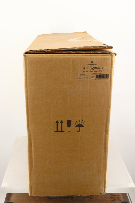 Box of a used Audiovector R1 Signature Standmount Speaker in Walnut finish 
