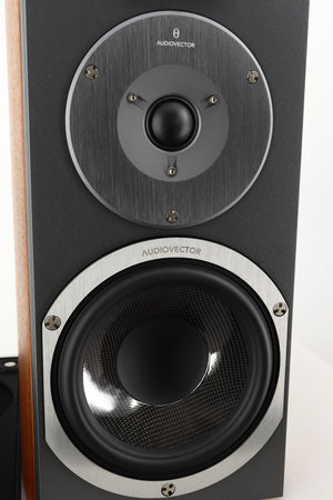 Close up view of a used Audiovector R1 Signature Standmount Speaker in Walnut finish 