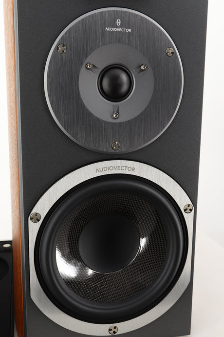 Close up view of a used Audiovector R1 Signature Standmount Speaker in Walnut finish 