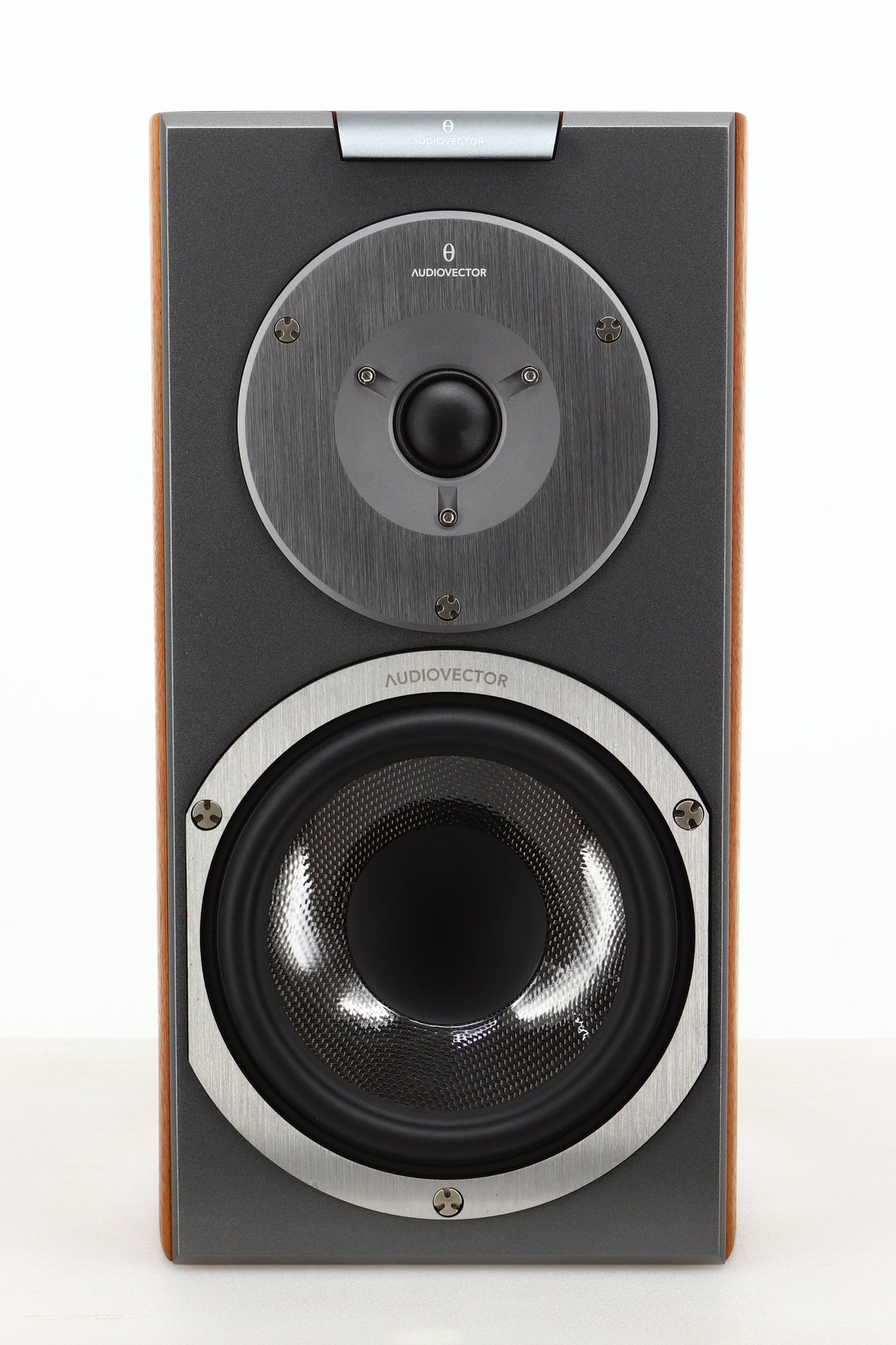 Front view of a used Audiovector R1 Signature Standmount Speaker in Walnut finish 