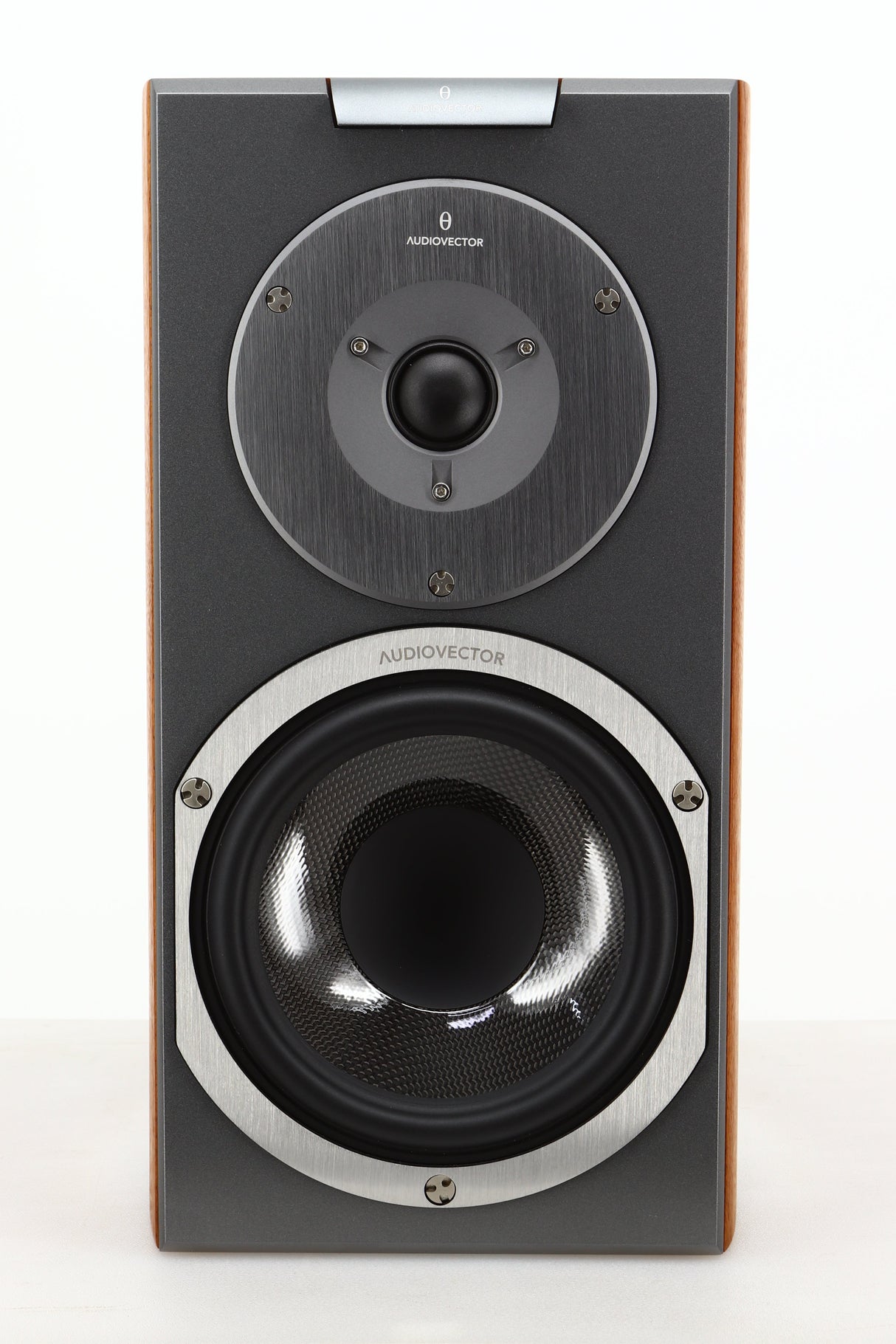 Front view of a used Audiovector R1 Signature Standmount Speaker in Walnut finish 
